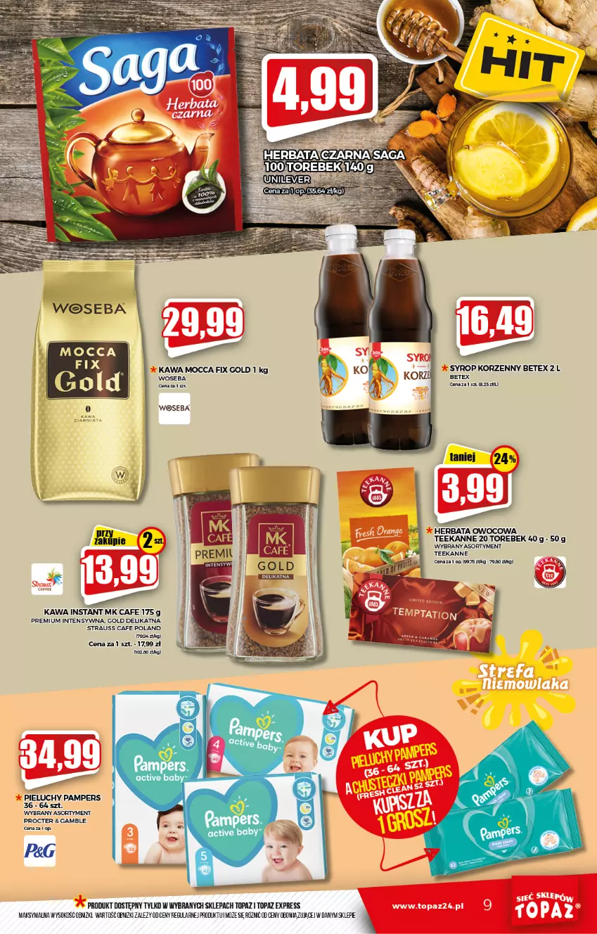 Gazetka promocyjna Topaz - Gazetka - ważna 30.09 do 06.10.2021 - strona 9 - produkty: Herbata, Herbata owocowa, Kawa, Mocca Fix Gold, Pampers, Pieluchy, Sok, Syrop, Teekanne, Top, Woseba