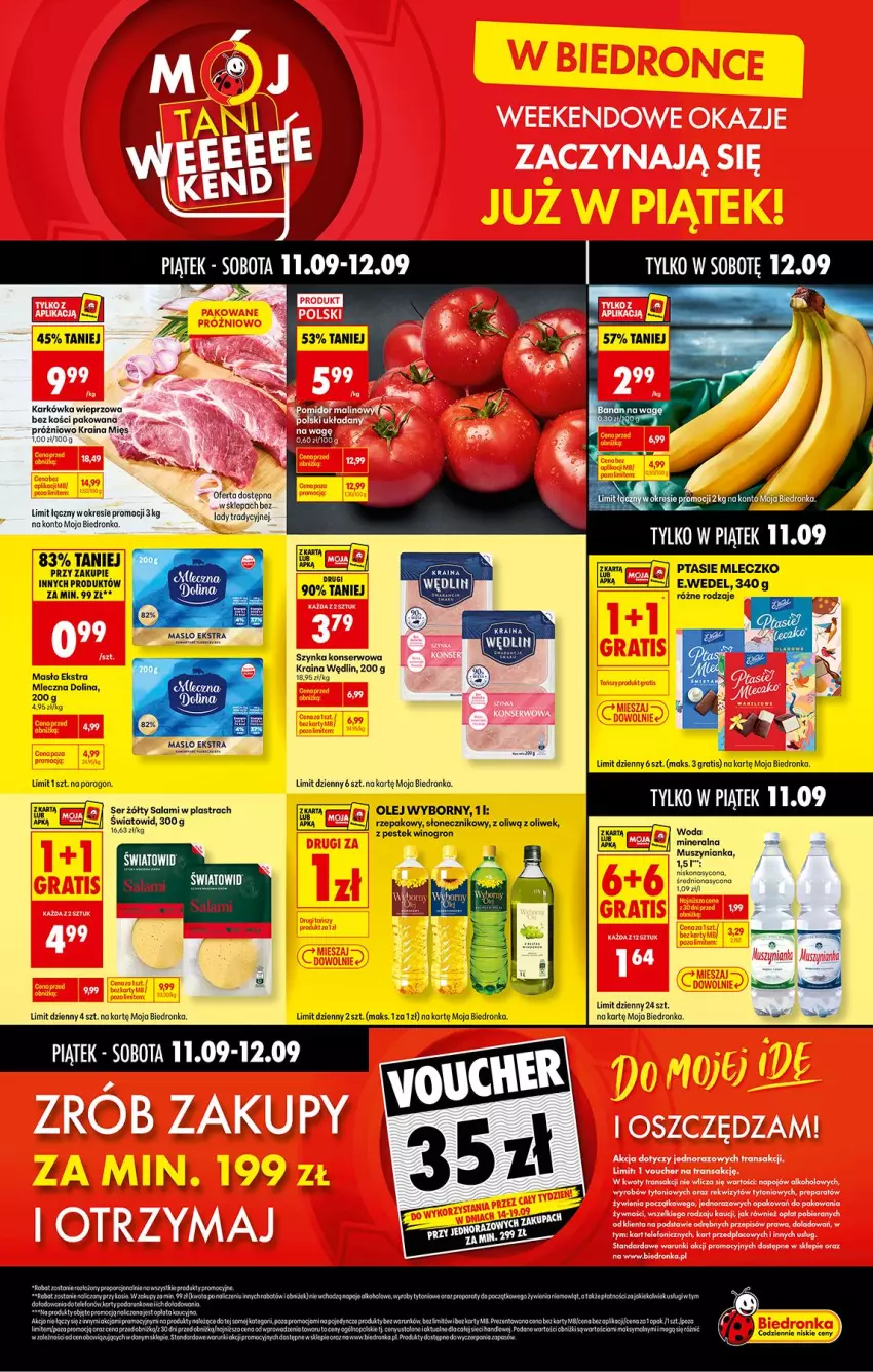 Gazetka promocyjna Biedronka - Tani Weekend - ważna 11.09 do 12.09.2026 - strona 1 - produkty: Karkówka wieprzowa, Masło, Mleczko, Mus, Muszynianka, Olej, Ptasie mleczko, Salami, Ser, Stek, Szynka, Szynka konserwowa, Wino, Woda, Woda mineralna