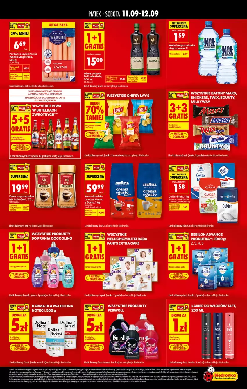 Gazetka promocyjna Biedronka - Tani Weekend - ważna 11.09 do 12.09.2026 - strona 2 - produkty: Baton, BEBILON, Bounty, Coccolino, Cukier, Fa, Gra, Kawa, Mars, Nałęczowianka, Parówki, Parówki z szynki, Perwoll, Snickers, Twix, Woda