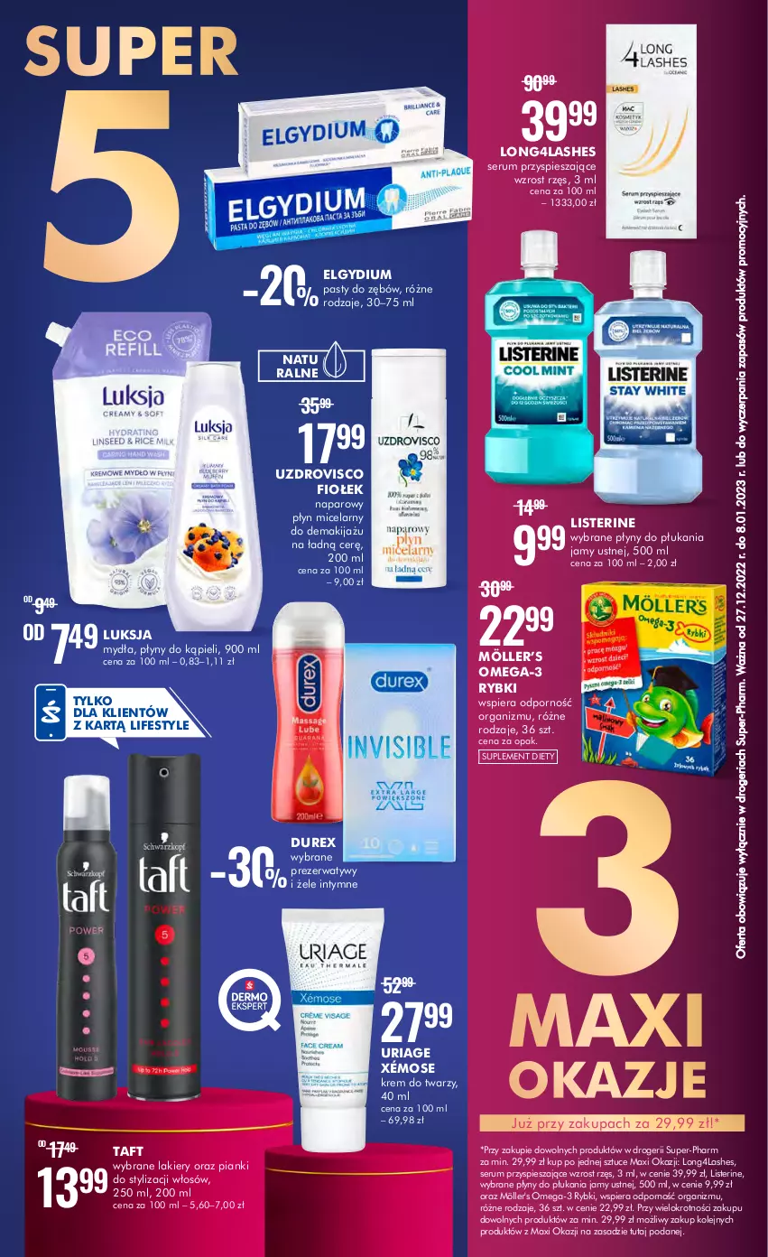 Gazetka promocyjna Super Pharm - Gazetka - ważna 27.12.2022 do 08.01.2023 - strona 2 - produkty: Durex, Elgydium, Krem do twarzy, Lakier, LG, Listerine, Luksja, Makijaż, Olej, Omega-3, Płyn micelarny, Por, Prezerwatyw, Rum, Ser, Serum, Suplement diety, Taft