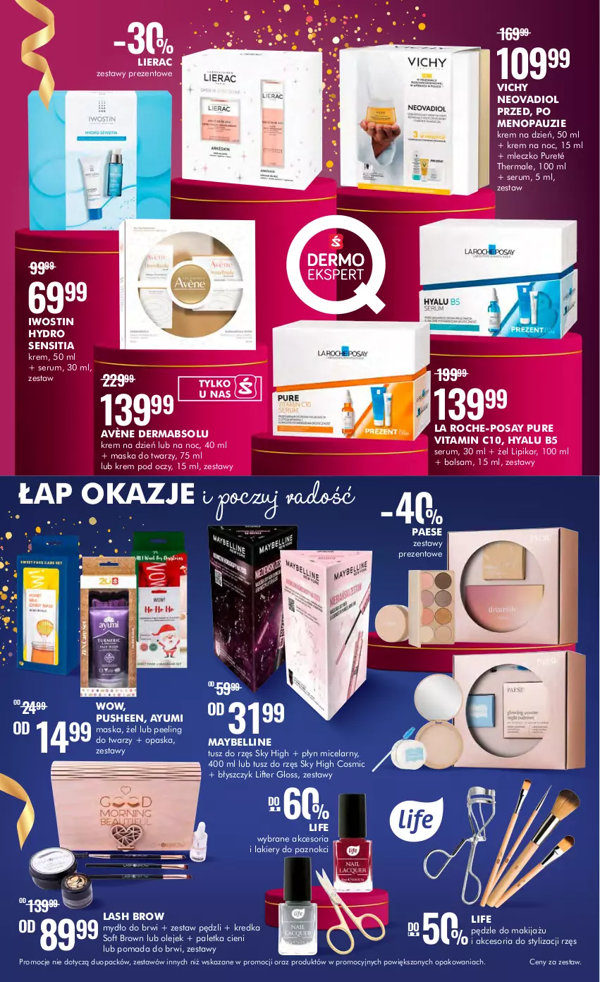 Gazetka promocyjna Super Pharm - Gazetka - ważna 27.12.2022 do 08.01.2023 - strona 4 - produkty: Avène, Ayumi, Bell, Iwostin, Kredka, Krem na dzień, Krem na noc, Krem pod oczy, La Roche-Posay, Lakier, Lierac, Lipikar, Makijaż, Maska, Maska do twarzy, Maybelline, Mleczko, Mydło, Olej, Opaska, PAESE, Paletka cieni, Peeling, Płyn micelarny, Pomada, Pomada do brwi, Pur, Rum, Ser, Serum, Tusz, Vichy, Zestaw pędzli