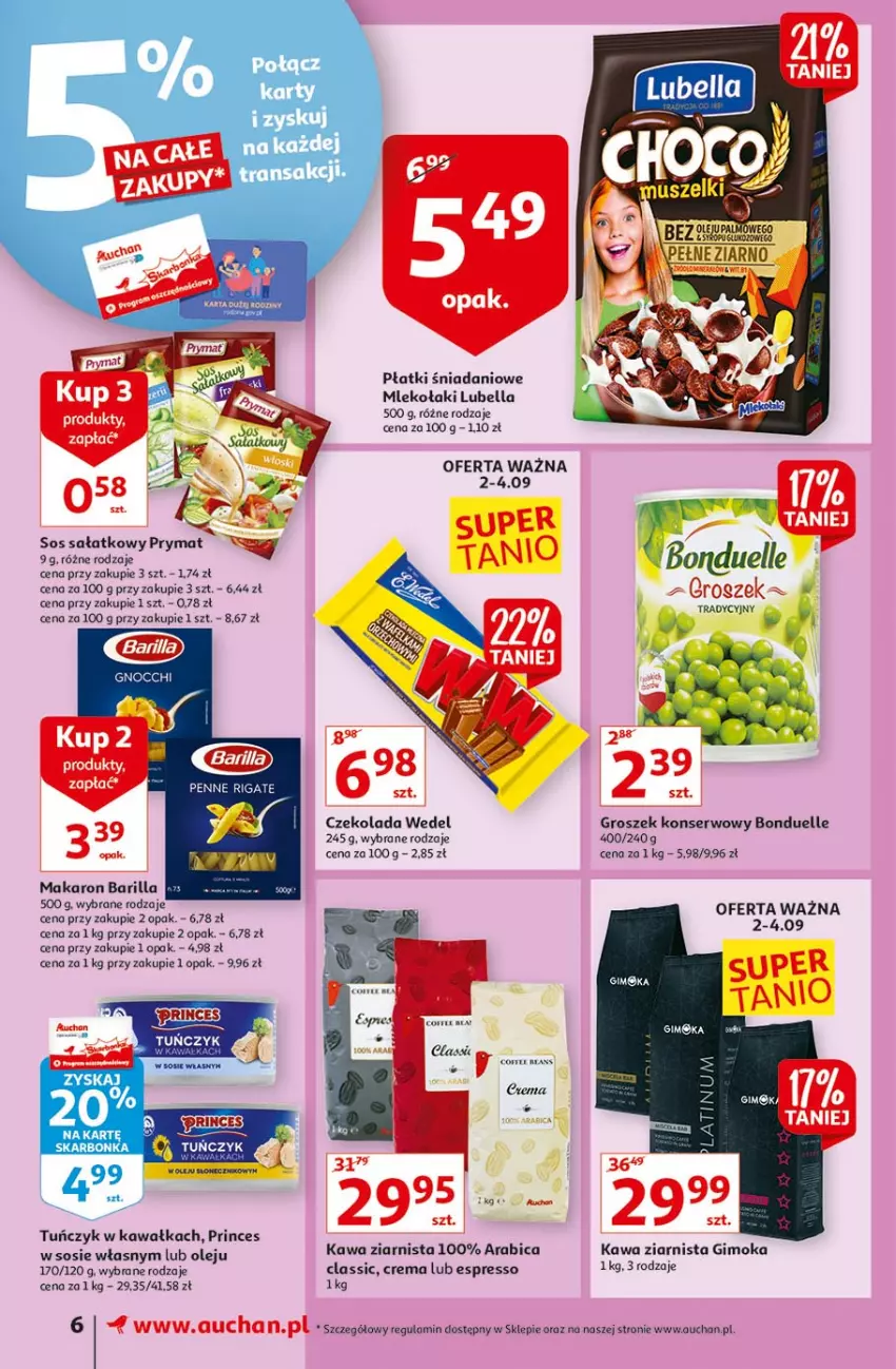 Gazetka promocyjna Auchan - Małe ceny Supermarkety - ważna 02.09 do 08.09.2021 - strona 6 - produkty: Barilla, Bell, Bella, BIC, Bonduelle, Czekolada, Danio, Gimoka, Groszek, Kawa, Kawa ziarnista, Lubella, Makaron, Mleko, Olej, Penne, Prymat, Sałat, Ser, Sos, Tuńczyk