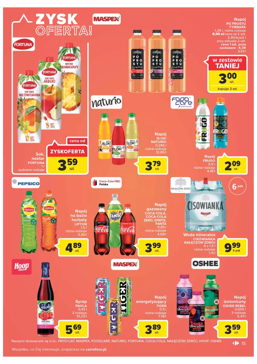 Gazetka promocyjna Carrefour - Gazetka Carrefour - ważna 13.09 do 24.09.2022 - strona 15 - produkty: Ananas, Cisowianka, Coca-Cola, Fortuna, Hoop, Kosz, Napój, Napój gazowany, Napój izotoniczny, Nektar, Oshee, Paola, Sprite, Syrop, Tiger, Tymbark, Woda, Woda mineralna