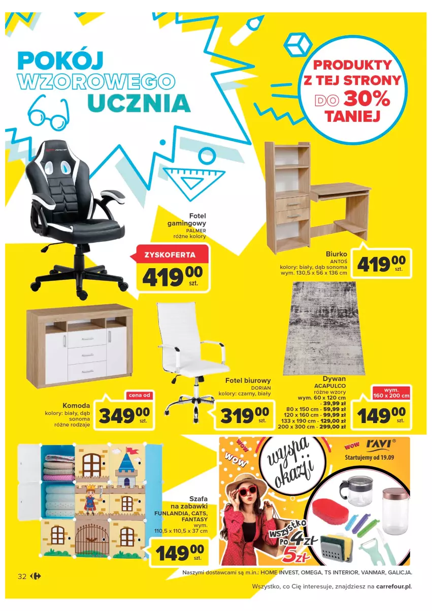 Gazetka promocyjna Carrefour - Gazetka Carrefour - ważna 13.09 do 24.09.2022 - strona 32 - produkty: Biurko, Biuro, Fa, Fanta, Fotel, Fotel gamingowy, Komoda, Moda, Szafa