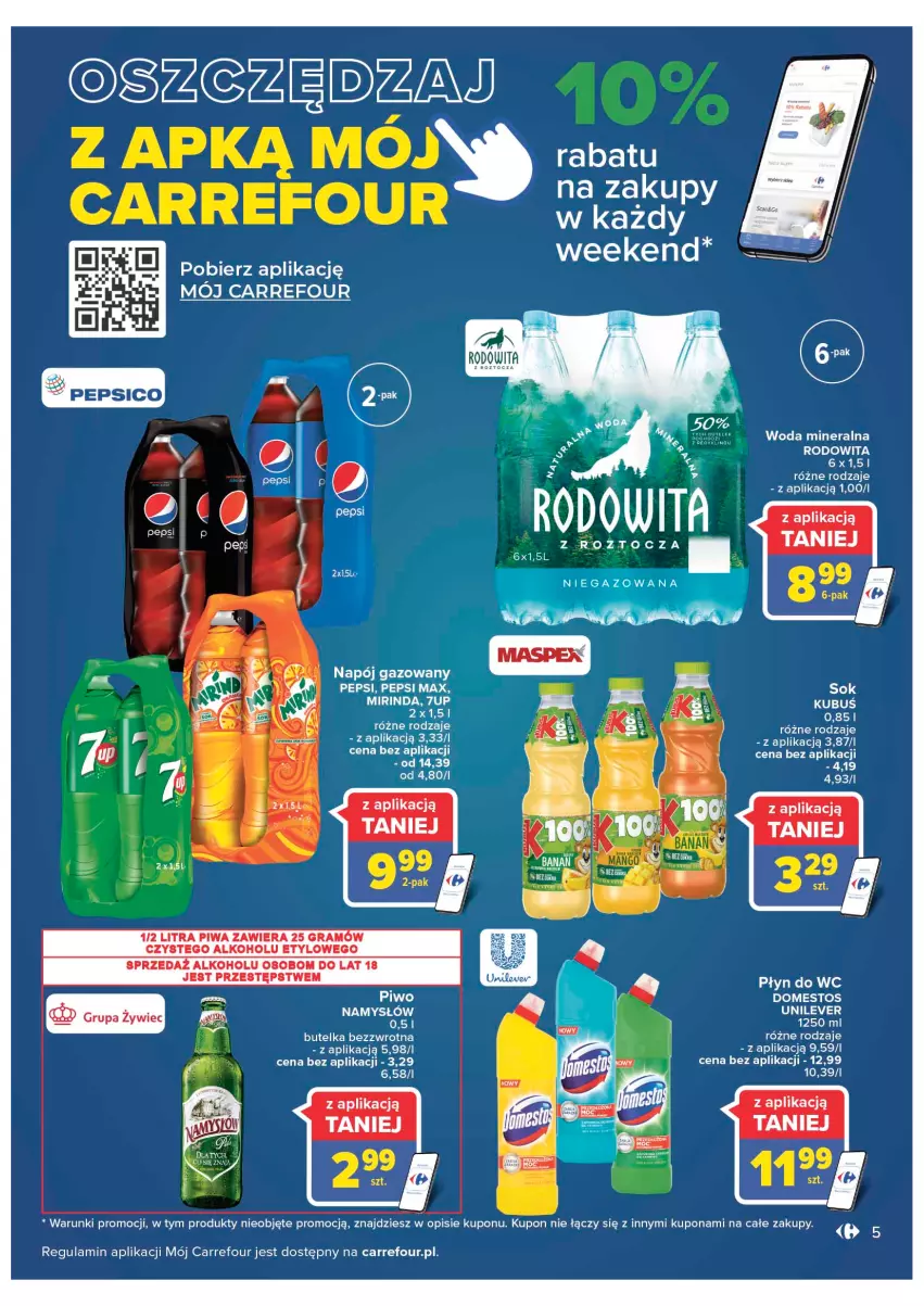 Gazetka promocyjna Carrefour - Gazetka Carrefour - ważna 13.09 do 24.09.2022 - strona 5 - produkty: 7up, Domestos, Gra, Kubuś, Mirinda, Namysłów, Napój, Napój gazowany, Piwa, Piwo, Sok, Woda, Woda mineralna