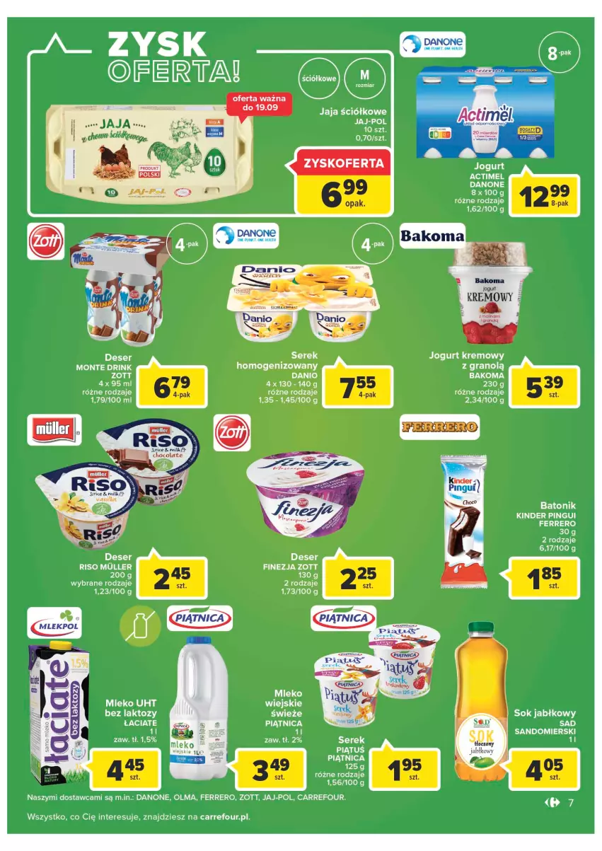 Gazetka promocyjna Carrefour - Gazetka Carrefour - ważna 13.09 do 24.09.2022 - strona 7 - produkty: Bakoma, Baton, Danio, Danone, Ferrero, Jaja, Jogurt, Kinder, Klej, Mleko, Monte, Olma, Piątnica, Ser, Serek, Serek homogenizowany, Tonik, Zott