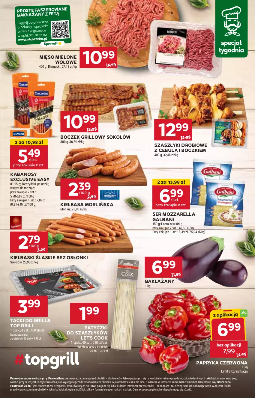 Gazetka promocyjna Stokrotka - Supermarket - ważna 08.08 do 12.08.2024 - strona 15 - produkty: Boczek, Fa, Galbani, Grill, HP, Kabanos, Kiełbasa, Kiełbaski śląskie, Mięso, Mięso mielone, Mozzarella, Papryka, Papryka czerwona, Ser, Sok, Sokołów, Sos, Top