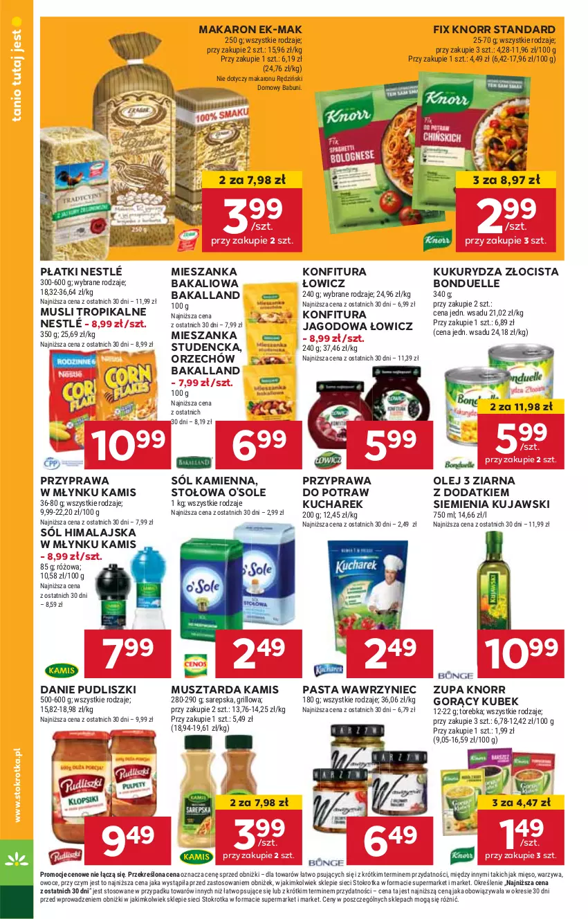 Gazetka promocyjna Stokrotka - Supermarket - ważna 08.08 do 12.08.2024 - strona 24 - produkty: Bakalland, Bonduelle, HP, Kamis, Knorr, Konfitura, Kubek, Kucharek, Kujawski, Kukurydza, Makaron, Mieszanka bakaliowa, Mieszanka studencka, Mus, Musztarda, Nestlé, Olej, Przyprawa do potraw, Pudliszki, Sól, Sól himalajska, Zupa