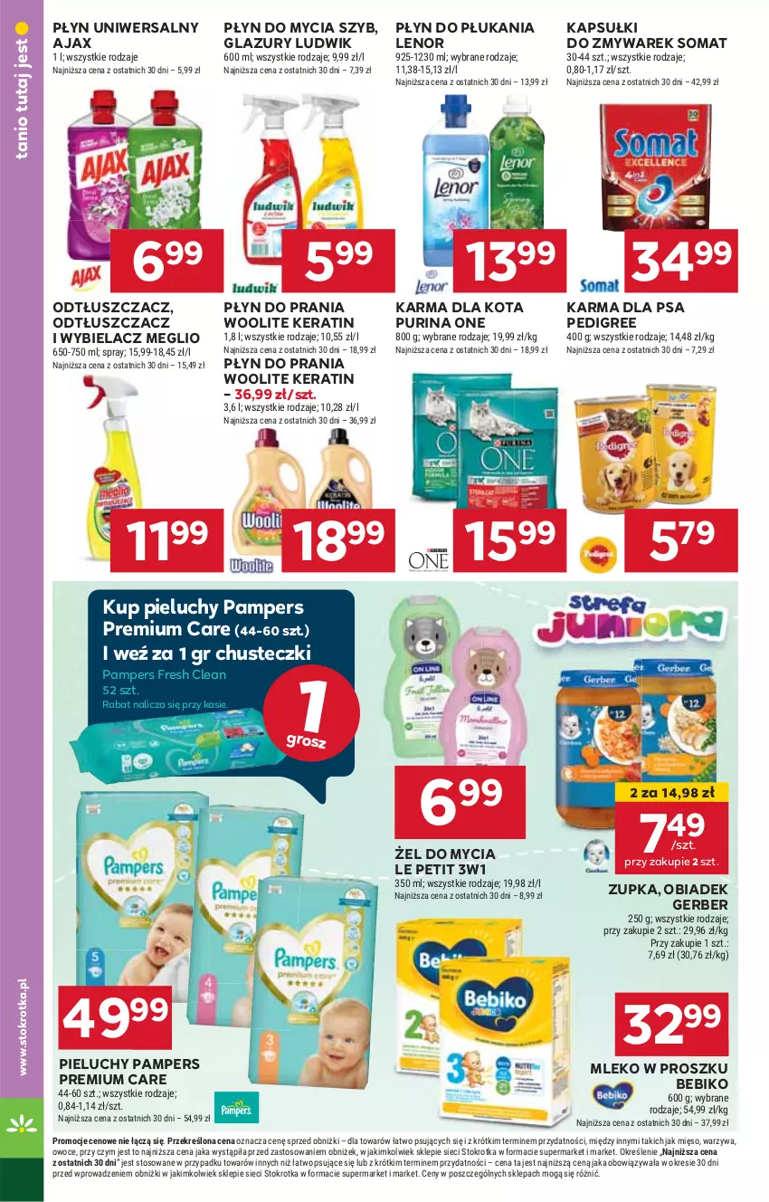 Gazetka promocyjna Stokrotka - Supermarket - ważna 08.08 do 12.08.2024 - strona 28 - produkty: Ajax, Bebiko, Chusteczki, Gerber, HP, Lazur, Lenor, Ludwik, Mleko, Mleko w proszku, Odtłuszczacz, Pampers, Pedigree, Pieluchy, Płyn do mycia, Płyn do płukania, Płyn do prania, Pur, Purina, Somat, Woolite