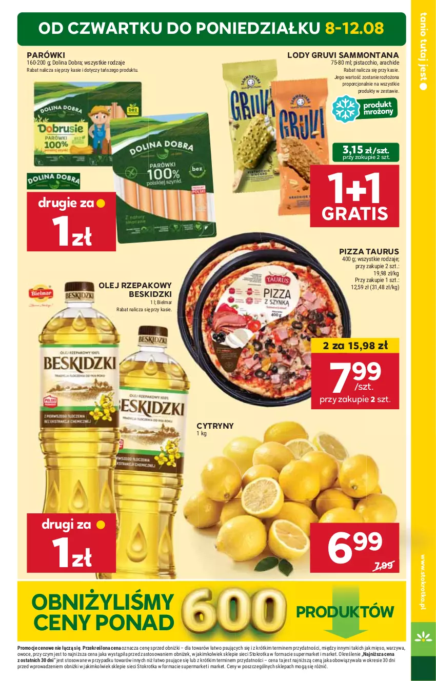 Gazetka promocyjna Stokrotka - Supermarket - ważna 08.08 do 12.08.2024 - strona 5 - produkty: Beskidzki, Cytryny, Gra, HP, Lody, Olej, Olej rzepakowy, Parówki, Pizza