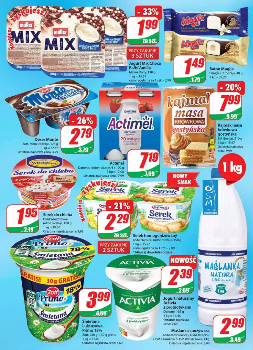 Gazetka promocyjna Dino - G23 - ważna 07.06 do 13.06.2023 - strona 14 - produkty: Actimel, Activia, Baton, Chleb, Danone, Deser, Gra, Jogurt, Jogurt naturalny, Magija, Maślanka, Monte, Piątnica, Probiotyk, Ser, Serek, Serek homogenizowany, Zott