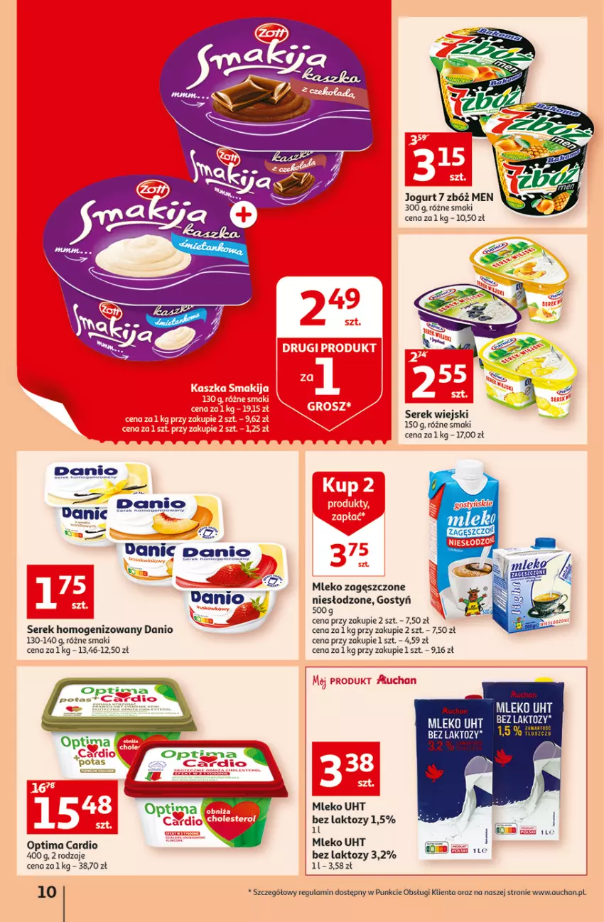 Gazetka promocyjna Auchan - Szkoła oszczędzania Temat PrzeSmaczne oferty Hipermarkety - ważna 04.08 do 10.08.2022 - strona 10 - produkty: Danio, Jogurt, Mleko, Mleko zagęszczone, Optima, Optima Cardio, Ser, Serek, Serek homogenizowany, Serek wiejski