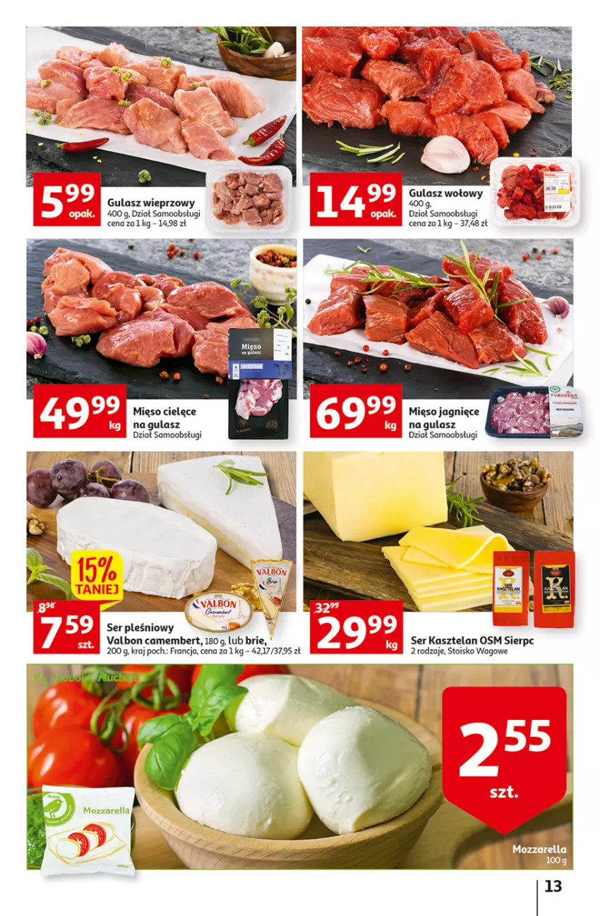 Gazetka promocyjna Auchan - Szkoła oszczędzania Temat PrzeSmaczne oferty Hipermarkety - ważna 04.08 do 10.08.2022 - strona 13 - produkty: Brie, Camembert, Gulasz wołowy, Kasztelan, Mięso, Mięso jagnięce, Ser, Ser Kasztelan, Ser pleśniowy