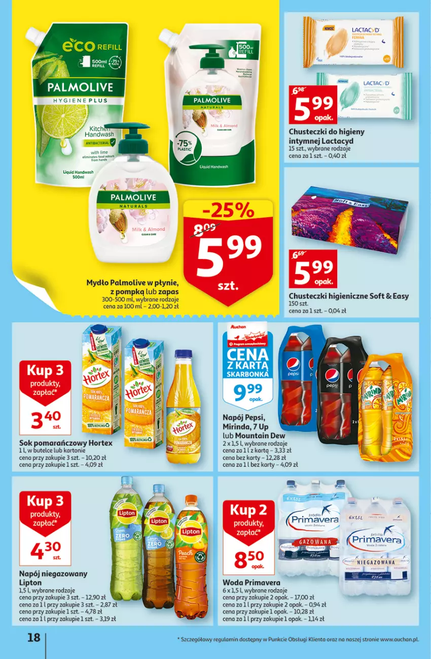 Gazetka promocyjna Auchan - Szkoła oszczędzania Temat PrzeSmaczne oferty Hipermarkety - ważna 04.08 do 10.08.2022 - strona 18 - produkty: Chusteczki, Chusteczki do higieny, Hortex, Lactacyd, Lipton, Mirinda, Mydło, Napój, Napój niegazowany, Palmolive, Pepsi, Prima, Primavera, Sok, Sok pomarańczowy, Woda