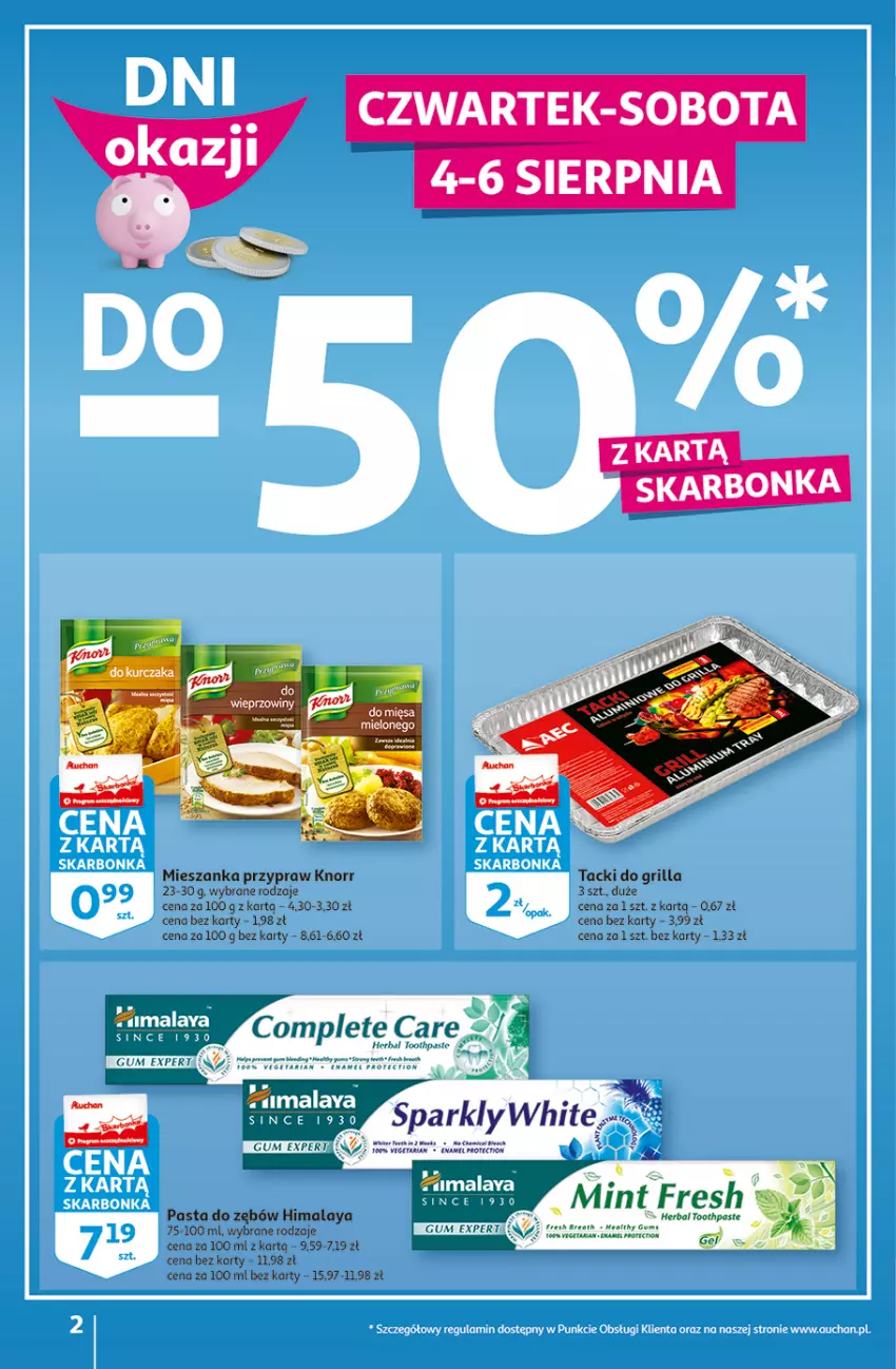 Gazetka promocyjna Auchan - Szkoła oszczędzania Temat PrzeSmaczne oferty Hipermarkety - ważna 04.08 do 10.08.2022 - strona 2 - produkty: Grill, Himalaya, HP, Knorr, LG, Pasta do zębów