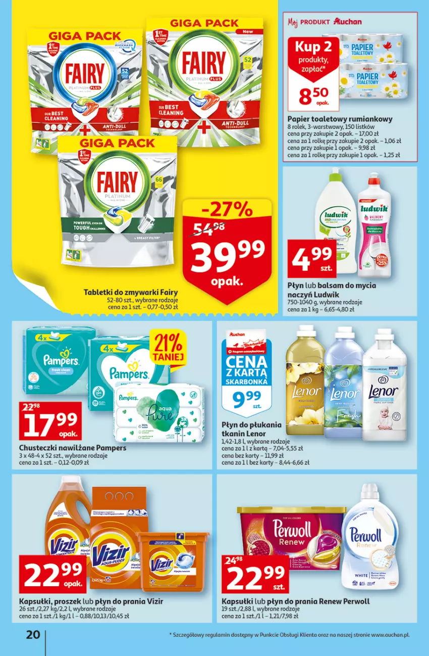 Gazetka promocyjna Auchan - Szkoła oszczędzania Temat PrzeSmaczne oferty Hipermarkety - ważna 04.08 do 10.08.2022 - strona 20 - produkty: Balsam do mycia naczyń, Chusteczki, Do mycia naczyń, Fa, Fairy, Lenor, Ludwik, Pampers, Papier, Papier toaletowy, Perwoll, Płyn do płukania, Płyn do prania, Rum, Tablet, Tabletki do zmywarki, Vizir, Zmywarki