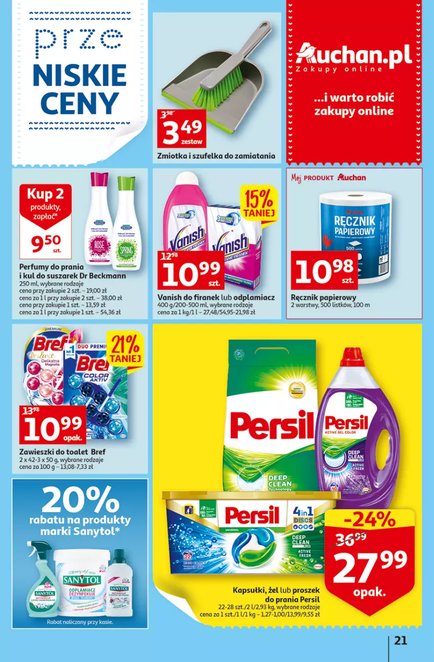 Gazetka promocyjna Auchan - Szkoła oszczędzania Temat PrzeSmaczne oferty Hipermarkety - ważna 04.08 do 10.08.2022 - strona 21 - produkty: Bref, Fa, Odplamiacz, Papier, Perfum, Persil, Ręcznik, Sanytol, Vanish, Zawieszki