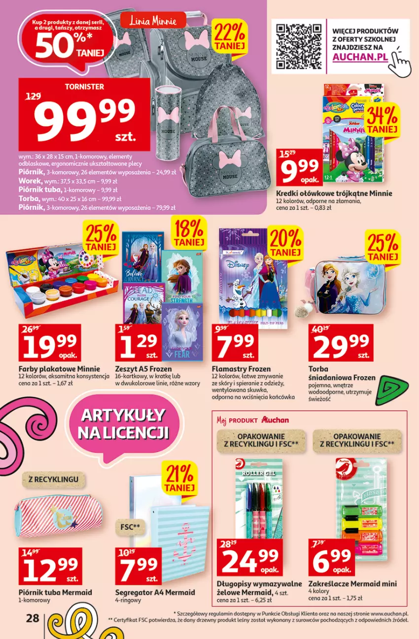 Gazetka promocyjna Auchan - Szkoła oszczędzania Temat PrzeSmaczne oferty Hipermarkety - ważna 04.08 do 10.08.2022 - strona 28 - produkty: Aksam, Danio, Długopis, Fa, Flamastry, Frozen, Minnie, Piórnik, Por, Ser, Torba