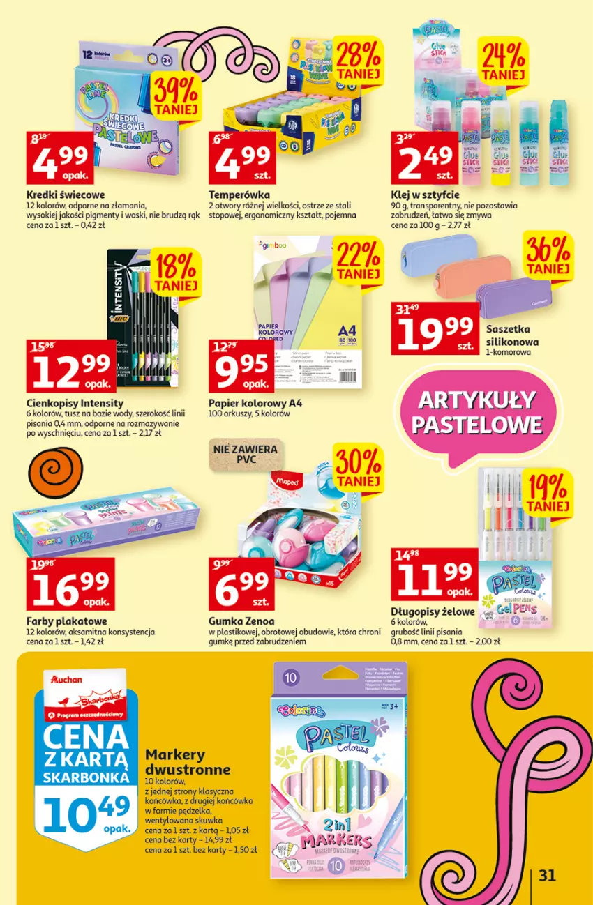 Gazetka promocyjna Auchan - Szkoła oszczędzania Temat PrzeSmaczne oferty Hipermarkety - ważna 04.08 do 10.08.2022 - strona 31 - produkty: Aksam, Długopis, Fa, Klej, Marker, Papier, Por, Sok, Top, Tran, Tusz