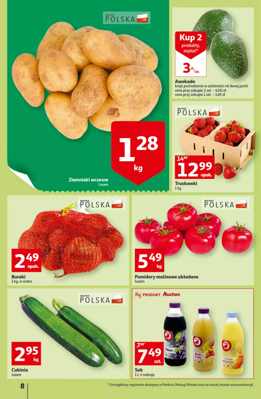 Gazetka promocyjna Auchan - Szkoła oszczędzania Temat PrzeSmaczne oferty Hipermarkety - ważna 04.08 do 10.08.2022 - strona 8 - produkty: Pomidory, Sok, Truskawki, Ziemniaki