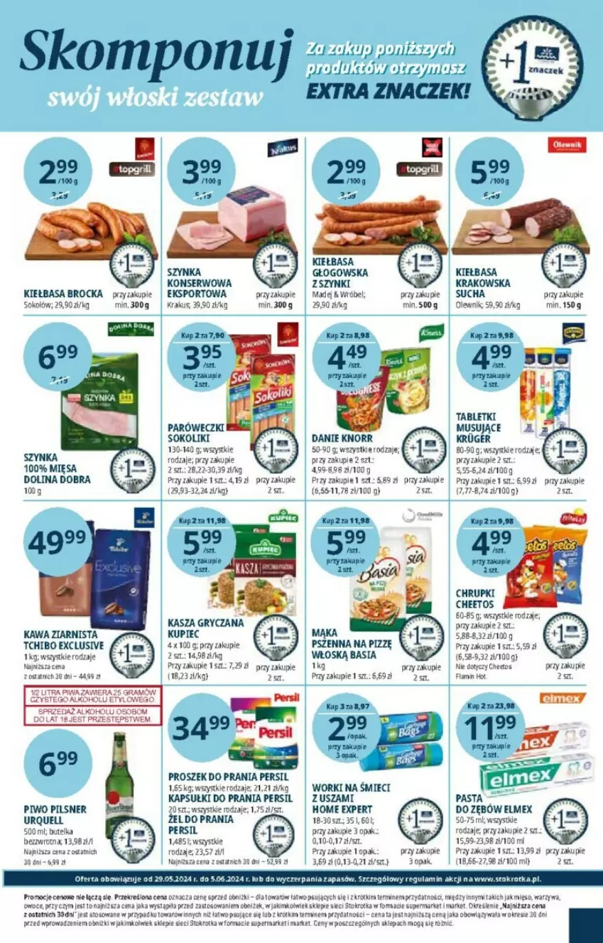 Gazetka promocyjna Stokrotka - ważna 29.05 do 06.06.2024 - strona 7 - produkty: Basia, Cheetos, Chrupki, Elmex, Gra, Gry, Kapsułki do prania, Kasza, Kasza gryczana, Kawa, Kawa ziarnista, Kiełbasa, Kiełbasa krakowska, Knorr, Krakus, Kupiec, Mąka, Mięso, Mus, Olewnik, Owoce, Persil, Piec, Piwa, Piwo, Por, Proszek do prania, Ser, Sok, Sokołów, Sport, Szynka, Tablet, Tabletki musujące, Tchibo, Warzywa, Worki na śmiec, Worki na śmieci