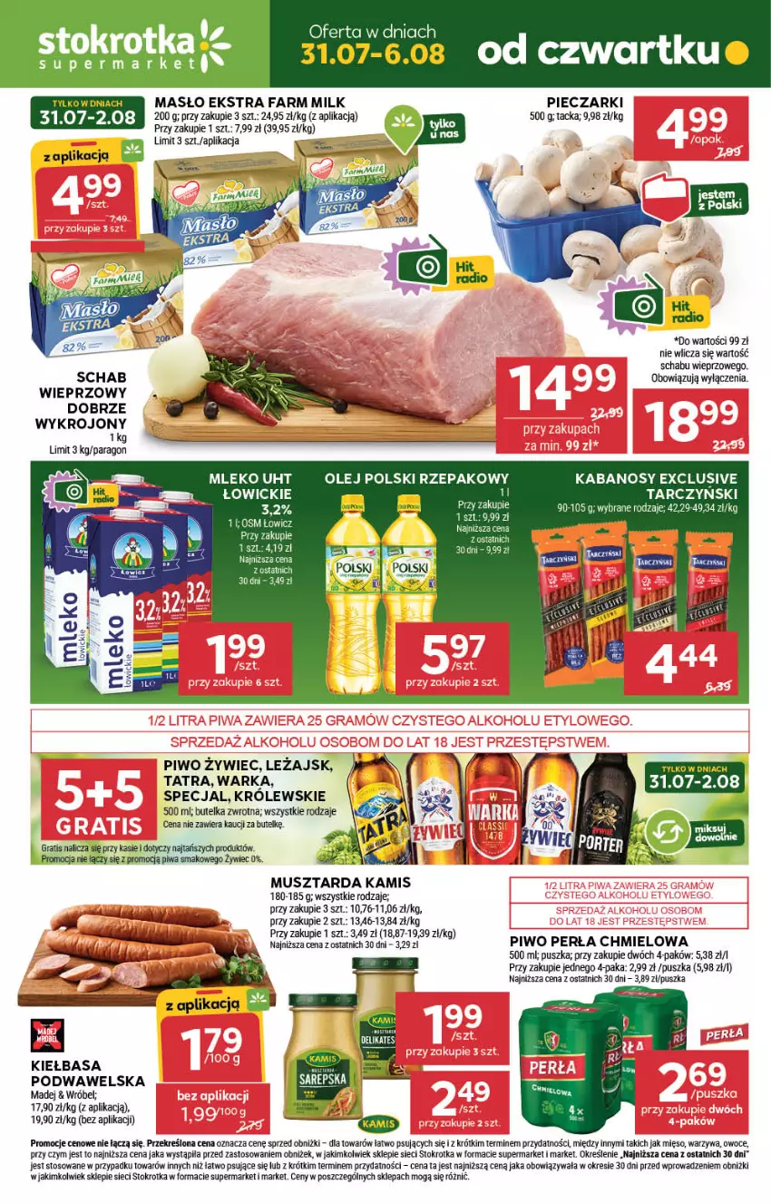 Gazetka promocyjna Stokrotka - Supermarket - ważna 31.07 do 06.08.2025 - strona 1 - produkty: Fa, Farm Milk, Gra, Kabanos, Kamis, Kiełbasa, Kiełbasa podwawelska, Królewski, Masło, Mięso, Mleko, Mus, Musztarda, Olej, Owoce, Perła, Piec, Piwa, Piwo, Tarczyński, Tatra, Warka, Warzywa, Wawel