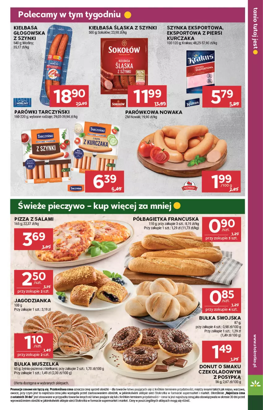 Gazetka promocyjna Stokrotka - Supermarket - ważna 31.07 do 06.08.2025 - strona 11 - produkty: Bagietka, Bułka, Donut, Kiełbasa, Kiełbasa śląska, Krakus, Kurczak, Mięso, Morliny, Mus, NOWAK, Owoce, Parówki, Pizza, Półbagietka, Por, Salami, Sok, Sokołów, Sport, Szynka, Tarczyński, Warzywa