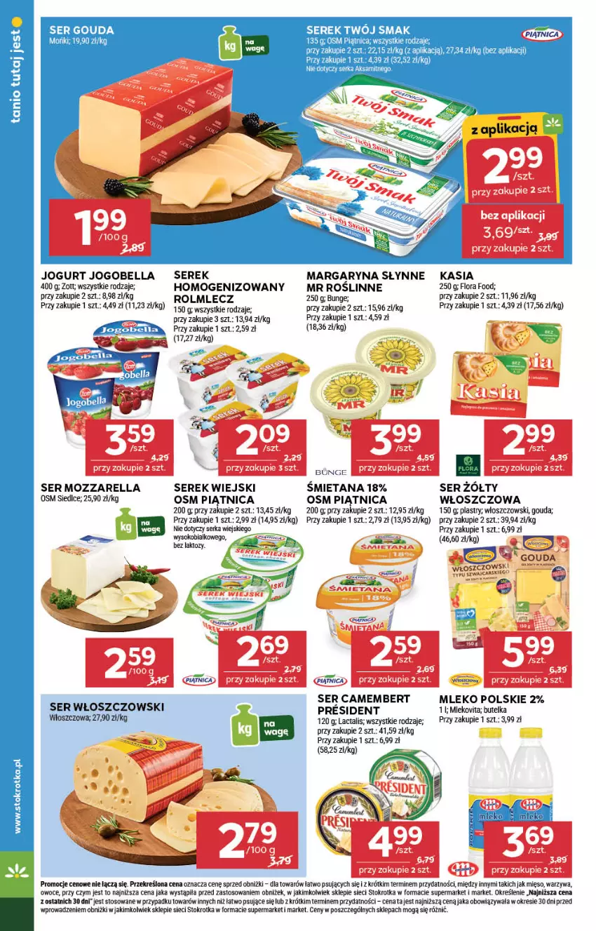Gazetka promocyjna Stokrotka - Supermarket - ważna 31.07 do 06.08.2025 - strona 14 - produkty: Aksam, Arnica, Bell, Bella, Camembert, Flora, Gouda, Jogobella, Jogurt, Kasia, Margaryna, Mięso, Mleko, Mlekovita, Mozzarella, Owoce, Piątnica, Rolmlecz, Ser, Serek, Serek wiejski, Słynne, Sok, Warzywa, Włoszczowski