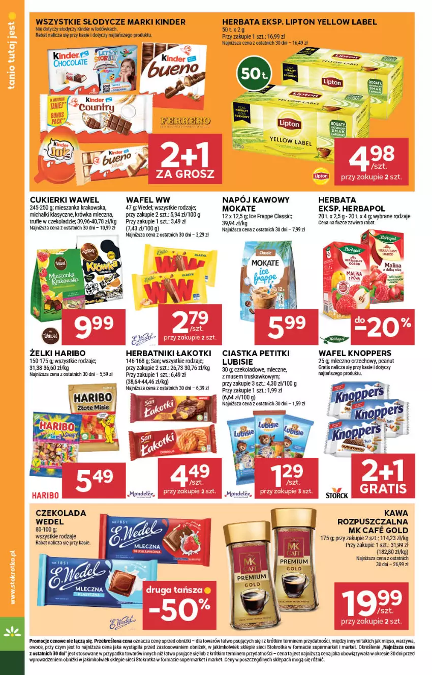 Gazetka promocyjna Stokrotka - Supermarket - ważna 31.07 do 06.08.2025 - strona 18 - produkty: Ciastka, Cukier, Cukierki, Czekolada, Gra, Haribo, Herbapol, Herbata, Herbatniki, Kawa, Kawa rozpuszczalna, Kinder, Knoppers, Lipton, Lodówka, Lubisie, Michałki, Mięso, Mus, Napój, Owoce, Warzywa, Wawel
