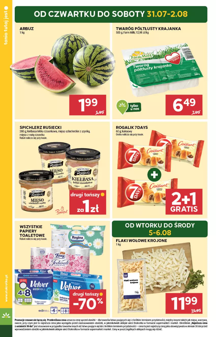 Gazetka promocyjna Stokrotka - Supermarket - ważna 31.07 do 06.08.2025 - strona 2 - produkty: Arbuz, Fa, Farm Milk, Flaki, Flaki wołowe, Gra, Kakao, Mięso, Owoce, Papier, Rogal, Spichlerz Rusiecki, Twaróg, Twaróg półtłusty, Warzywa