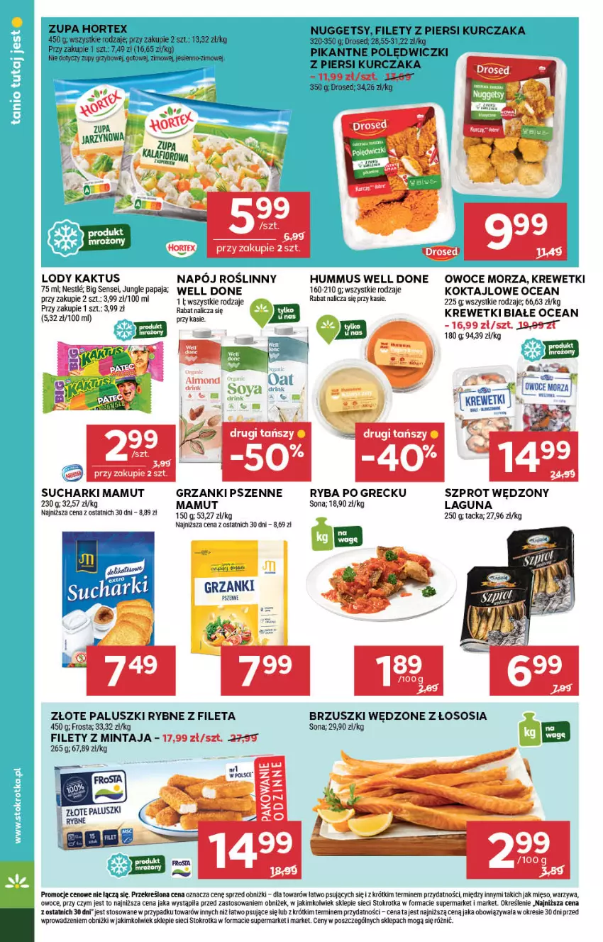 Gazetka promocyjna Stokrotka - Supermarket - ważna 31.07 do 06.08.2025 - strona 22 - produkty: Frosta, Hortex, Hummus, Kaktus, Krewetki, Kurczak, Lody, Mięso, Mintaj, Mus, Napój, Napój roślinny, Owoce, Owoce morza, Paluszki rybne, Papaja, Ryba, Ryba po grecku, Sos, Szprot, Warzywa, Zupa