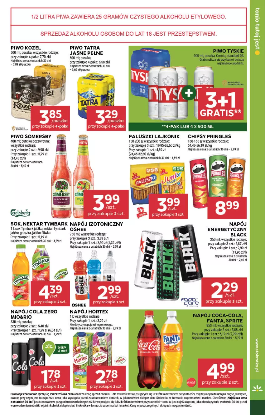 Gazetka promocyjna Stokrotka - Supermarket - ważna 31.07 do 06.08.2025 - strona 25 - produkty: Chipsy, Coca-Cola, Fa, Fanta, Gra, Hortex, Kozel, Lack, Lajkonik, Mięso, Napój, Napój izotoniczny, Nektar, Oshee, Owoce, Piwa, Piwo, Pringles, Sok, Somersby, Sprite, Tatra, Tymbark, Tyskie, Warzywa