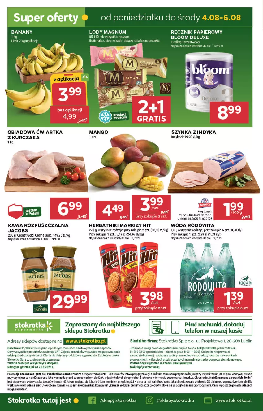Gazetka promocyjna Stokrotka - Supermarket - ważna 31.07 do 06.08.2025 - strona 36 - produkty: Banany, Dres, Gra, Herbatniki, Jacobs, JBL, Kawa, Kawa rozpuszczalna, Kurczak, Lody, Mango, Mięso, O nas, Owoce, Papier, Ręcznik, Szynka, Telefon, Wagi, Warzywa, Woda