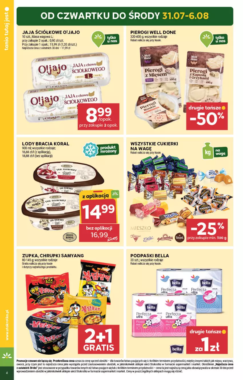 Gazetka promocyjna Stokrotka - Supermarket - ważna 31.07 do 06.08.2025 - strona 4 - produkty: Bell, Bella, Chrupki, Cukier, Cukierki, Gra, Jaja, Kapustą, Lody, Mięso, Owoce, Perfecta, Pierogi, Podpaski, Warzywa