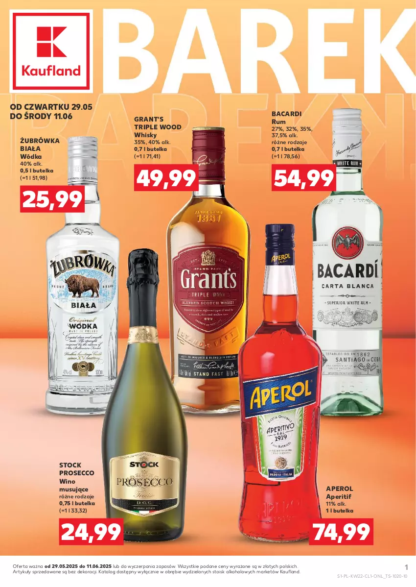 Gazetka promocyjna Kaufland - Barek Kauflandu - ważna 29.05 do 11.06.2025 - strona 1 - produkty: Aperol, Bacardi, Gra, Mus, Prosecco, Rum, Stock, Whisky, Wino, Wino musujące, Wódka