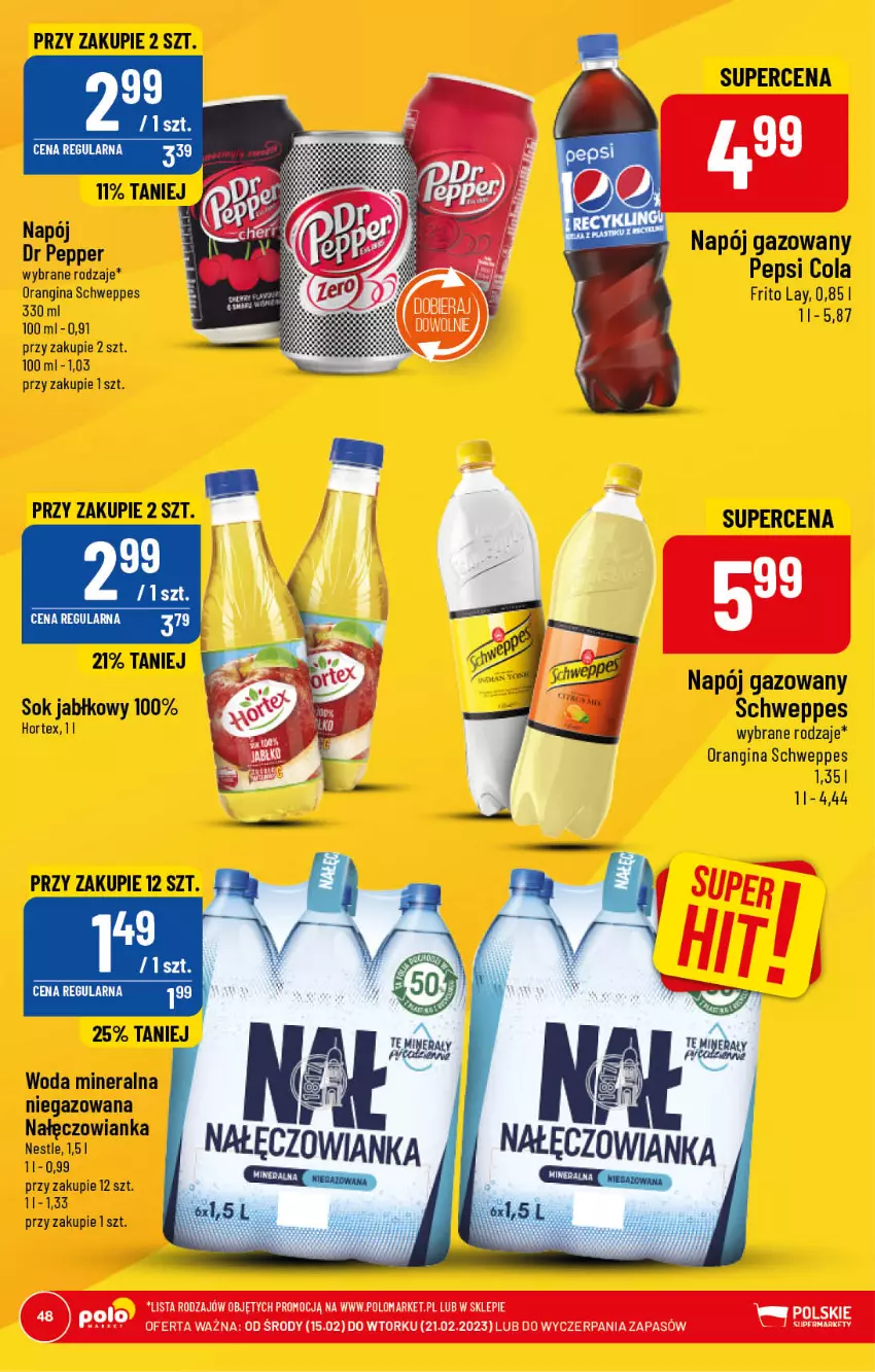 Gazetka promocyjna PoloMarket - Gazetka pomocyjna - ważna 15.02 do 21.02.2023 - strona 48 - produkty: Fa, Gin, Hortex, Napój, Napój gazowany, Pepsi, Schweppes, Sok, Sok jabłkowy, Woda, Woda mineralna