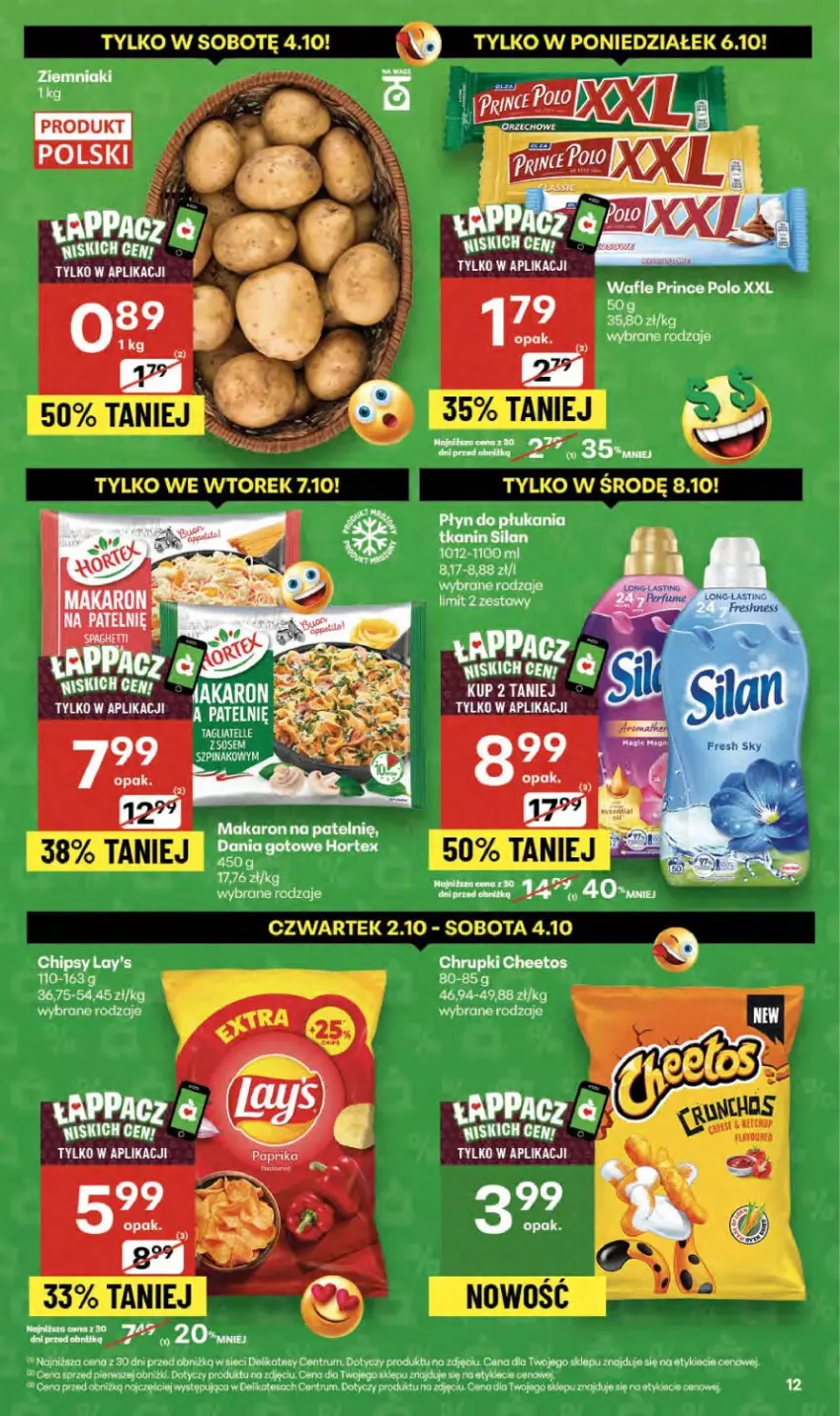 Gazetka promocyjna Delikatesy Centrum - Franczyza DC40 Czwartek - ważna 02.10 do 08.10.2025 - strona 12 - produkty: Cheetos, Chipsy, Chrupki, Dania gotowe, Hortex, Makaron, Prince Polo, Rum, Silan, Wafle, Ziemniaki