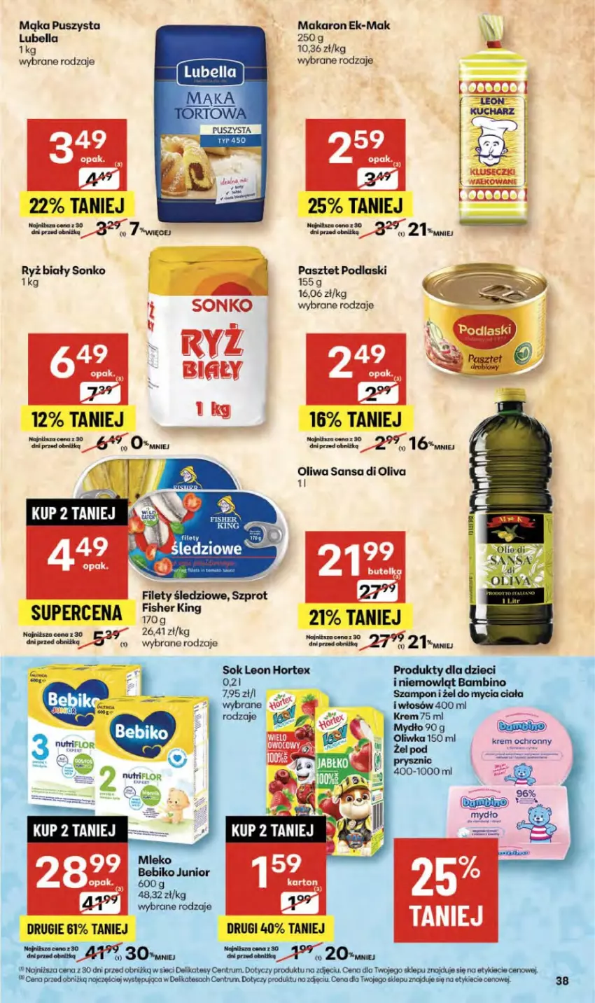 Gazetka promocyjna Delikatesy Centrum - Franczyza DC40 Czwartek - ważna 02.10 do 08.10.2025 - strona 38 - produkty: Bebiko, Bell, Dzieci, Hortex, Leon, Mąka, Makaron, Mydło, Ochronny żel, Oliwa, Pasztet, Podlaski, Rum, Ryż, Ryż biały, Sok, Sonko, Szampon, Szprot