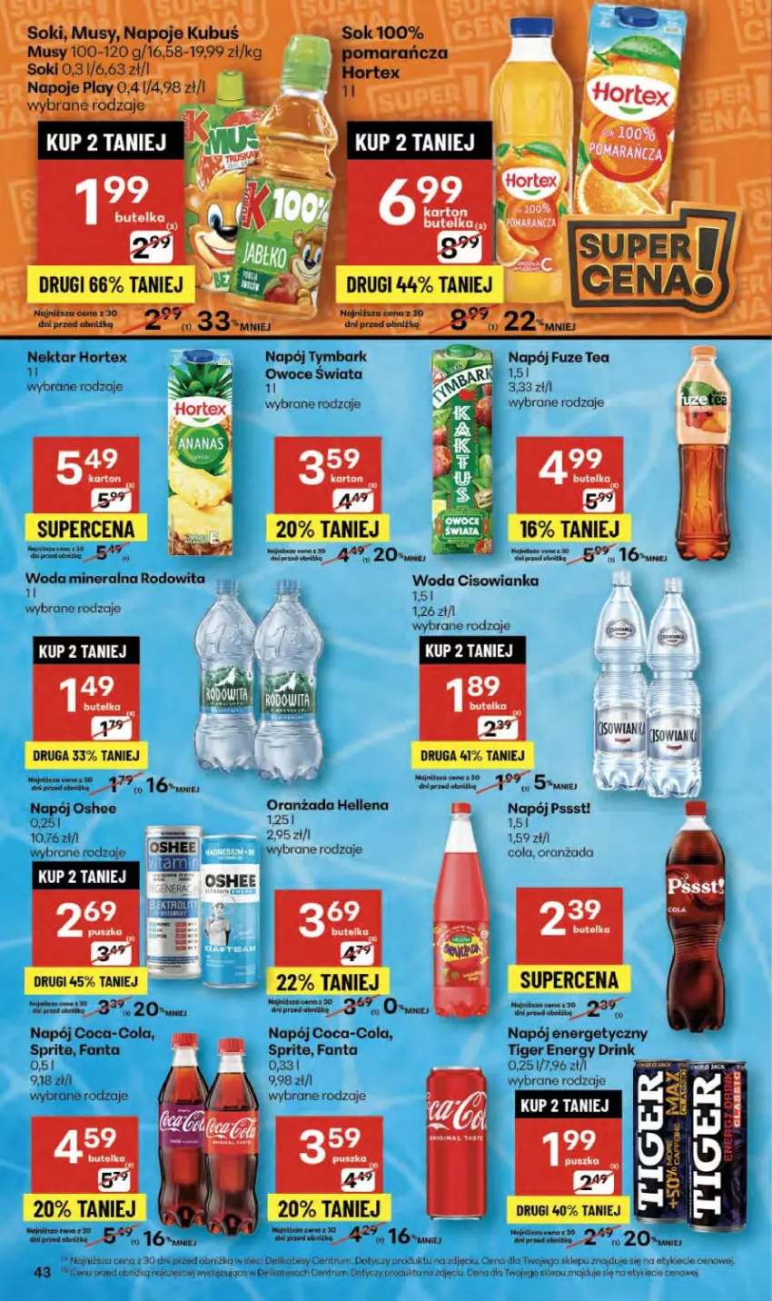 Gazetka promocyjna Delikatesy Centrum - Franczyza DC40 Czwartek - ważna 02.10 do 08.10.2025 - strona 43 - produkty: Cisowianka, Coca-Cola, Fa, Fanta, Hellena, Hortex, Napój, Napój energetyczny, Nektar, Noż, Oranżada, Oshee, Owoce, Rum, Sprite, Tiger, Tymbark, Woda