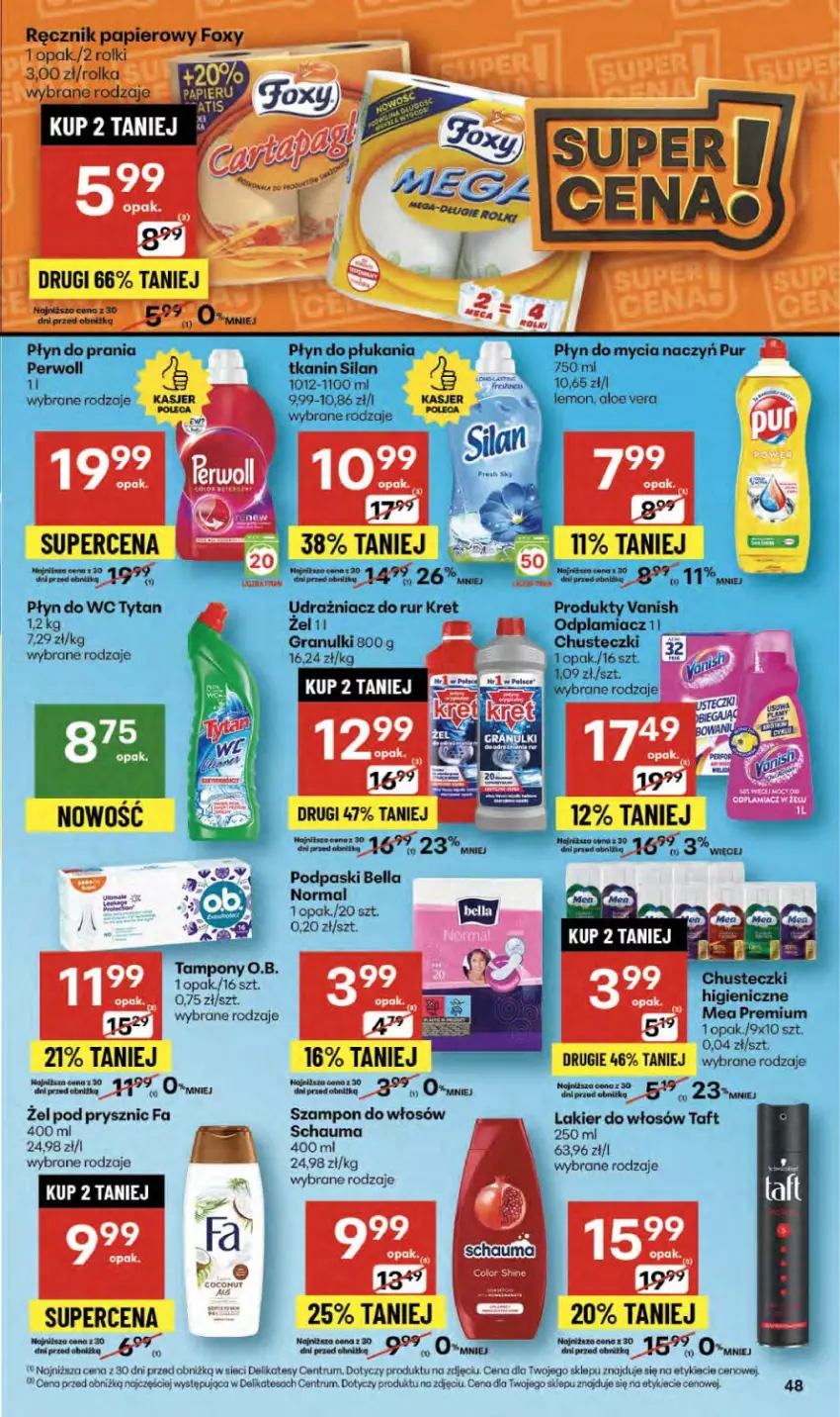 Gazetka promocyjna Delikatesy Centrum - Franczyza DC40 Czwartek - ważna 02.10 do 08.10.2025 - strona 48 - produkty: Bell, Bella, Fa, Gra, Kret, Lakier, Lakier do włosów, O.B., Płyn do wc, Podpaski, Rum, Schauma, Silan, Szampon, Taft, Tampony, Tytan, Vanish