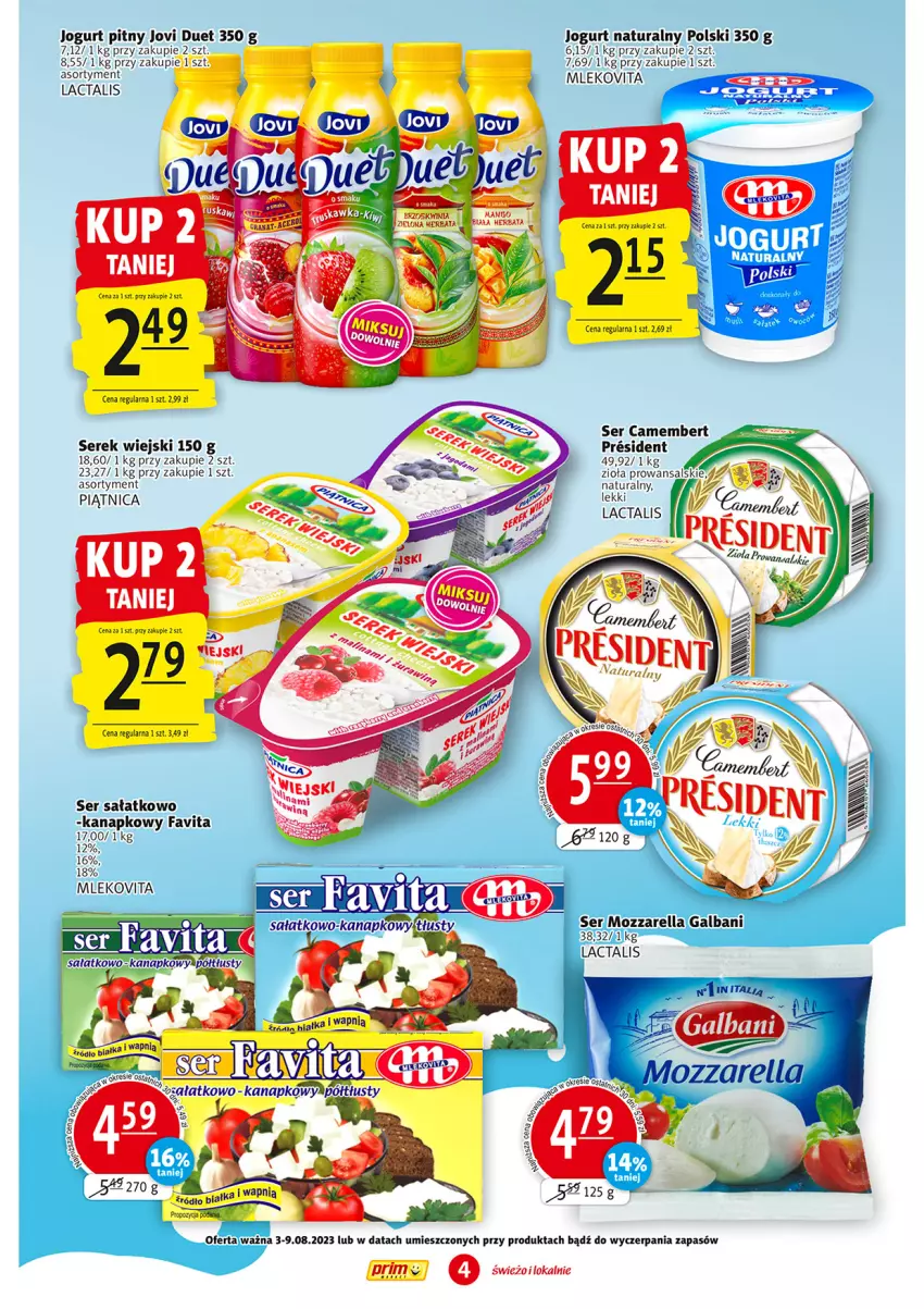 Gazetka promocyjna Prim Market - ważna 03.08 do 09.08.2023 - strona 4 - produkty: Camembert, Fa, Favita, Galbani, Herbata, Jogurt, Jogurt naturalny, Jogurt pitny, Mango, Mleko, Mlekovita, Mozzarella, Piątnica, Sałat, Ser, Serek, Serek wiejski