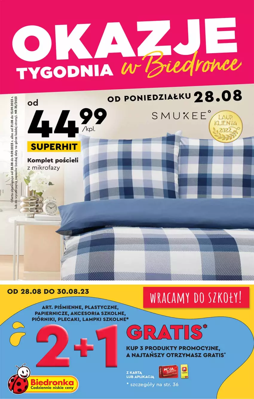 Gazetka promocyjna Biedronka - ważna 28.08 do 09.09.2023 - strona 1 - produkty: Fa, Gra, Komplet pościeli, Papier, Plecak, Pościel