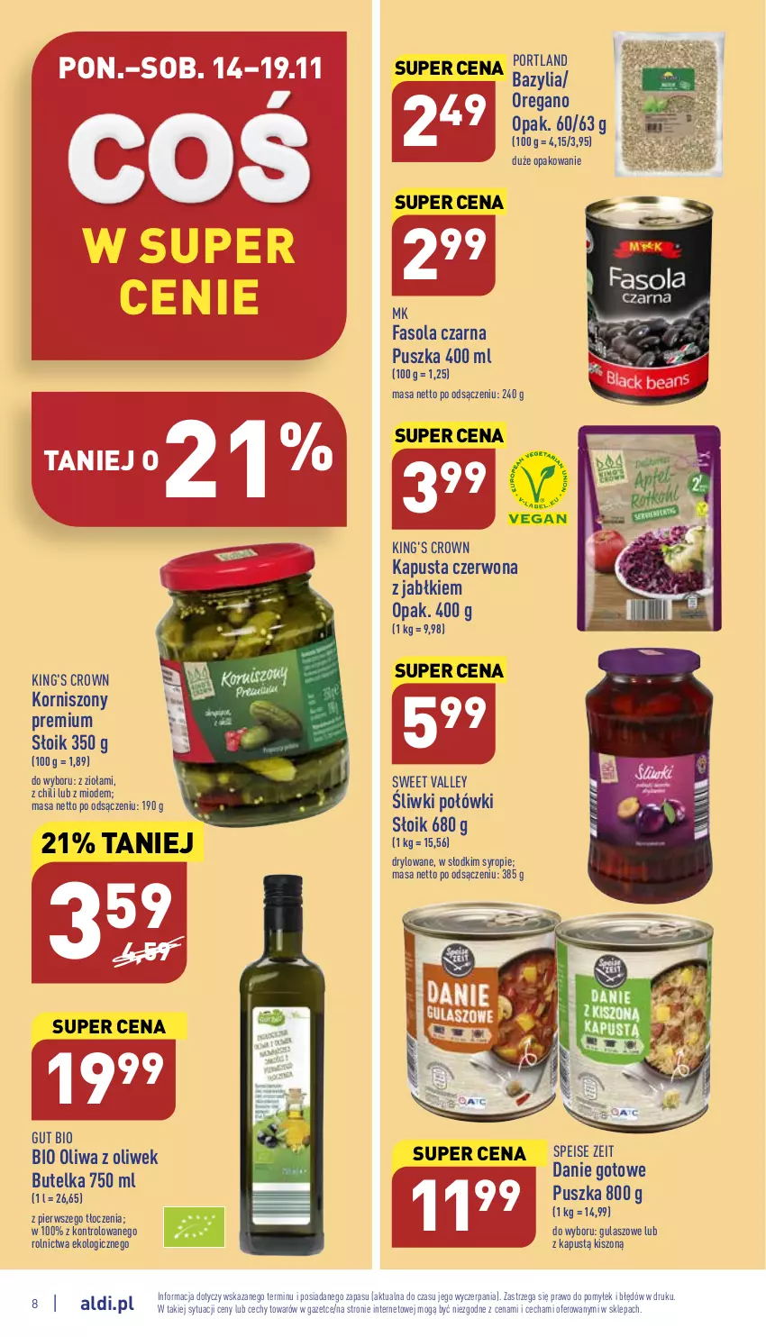 Gazetka promocyjna Aldi - Pełny katalog - ważna 14.11 do 19.11.2022 - strona 8 - produkty: Bazyl, Bazylia, Danie gotowe, Fa, Fasola, Kapustą, Korniszony, Oliwa, Oliwa z oliwek, Por, Syrop