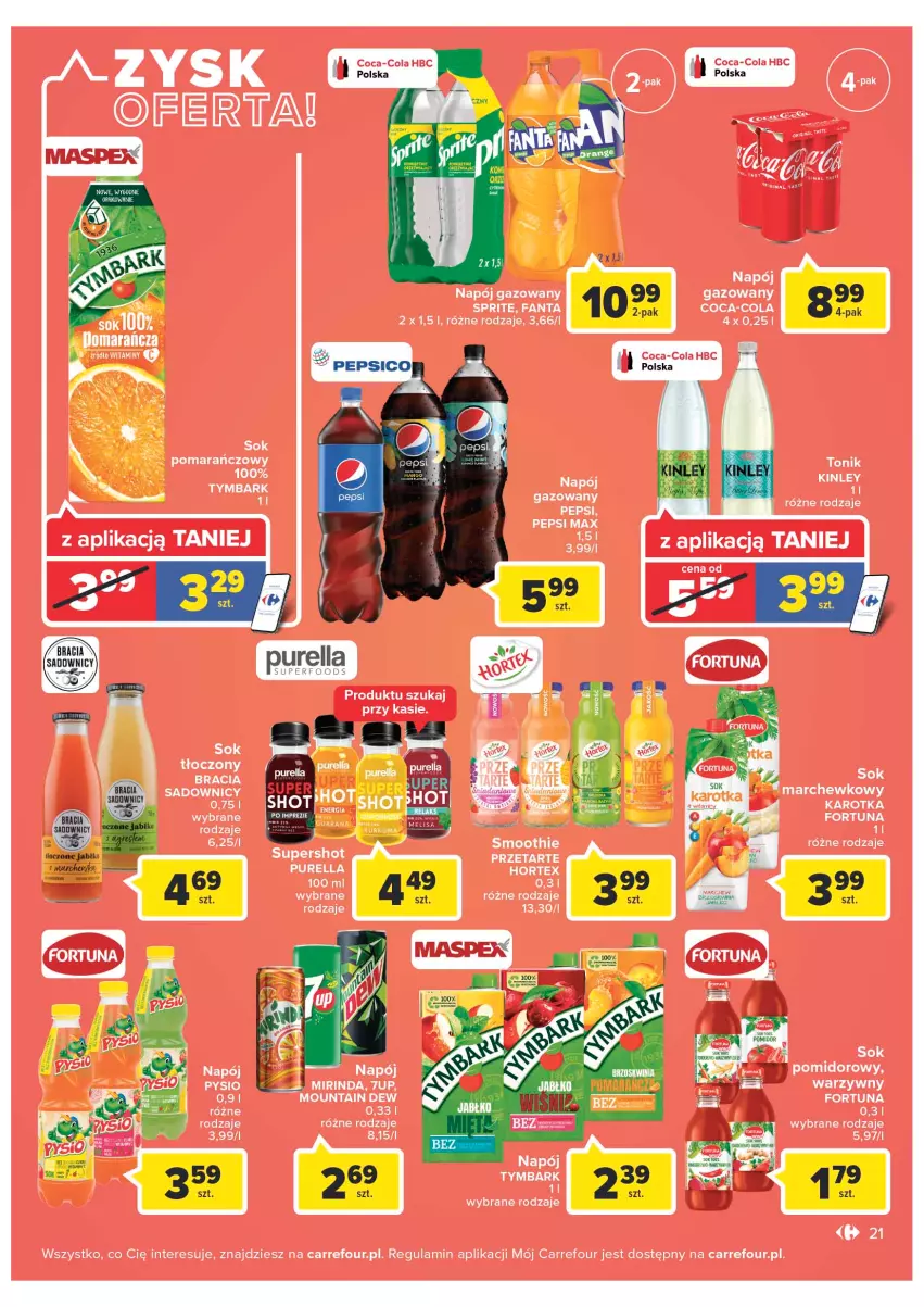 Gazetka promocyjna Carrefour - Gazetka Carrefour Zyskoteka - ważna 11.10 do 15.10.2022 - strona 21 - produkty: 7up, Coca-Cola, Fa, Fanta, Fortuna, Hortex, LG, Mirinda, Napój, Napój gazowany, Pepsi, Pur, Smoothie, Sok, Sprite