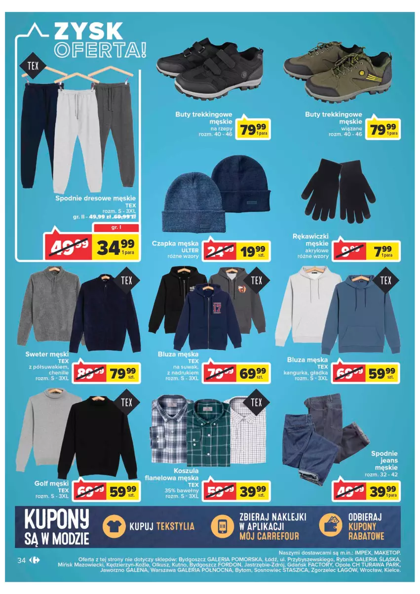 Gazetka promocyjna Carrefour - Gazetka Carrefour Zyskoteka - ważna 11.10 do 15.10.2022 - strona 34 - produkty: Bluza, Buty, Czapka, Dres, Fa, Klej, LG, Sos, Spodnie, Spodnie dresowe, Spodnie jeans, Sweter, Top