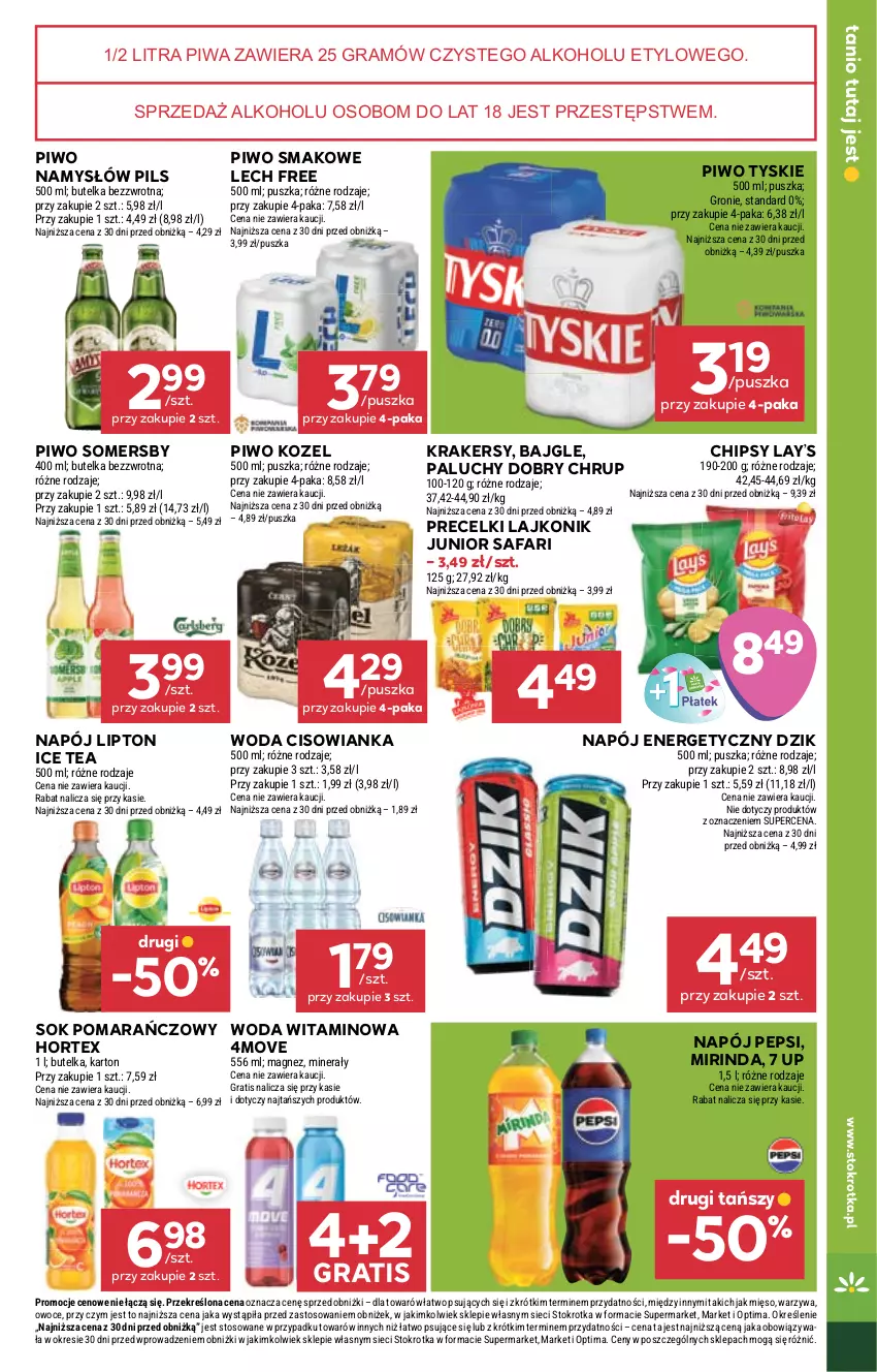 Gazetka promocyjna Stokrotka - Supermarket - ważna 08.10 do 14.10.2026 - strona 44 - produkty: Bajgle, Chipsy, Cisowianka, Fa, Gra, Hortex, Ice tea, Kozel, Krakersy, Lajkonik, Lay’s, Lipton, Magnez, Mięso, Mirinda, Namysłów, Napój, Napój energetyczny, Optima, Owoce, Pepsi, Piwa, Piwo, Precelki, Sok, Sok pomarańczowy, Somersby, Tyskie, Warzywa, Woda