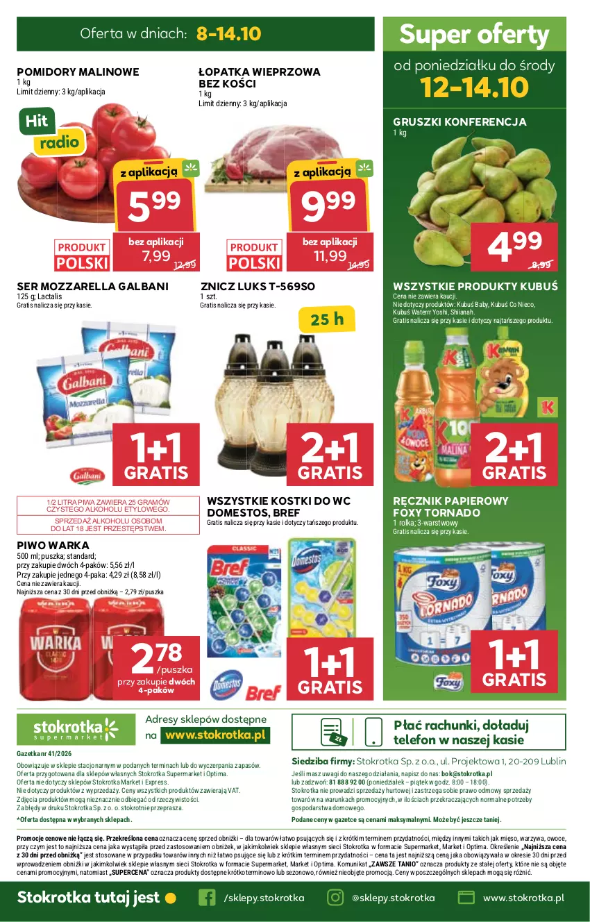 Gazetka promocyjna Stokrotka - Supermarket - ważna 08.10 do 14.10.2026 - strona 60 - produkty: Bref, Domestos, Dres, Foxy, Galbani, Gra, Gruszki, Kubuś, Kubuś Waterrr, Mięso, Mozzarella, O nas, Optima, Owoce, Papier, Piwa, Piwo, Pomidory, Ręcznik, Ser, Telefon, Wagi, Warka, Warzywa, Znicz