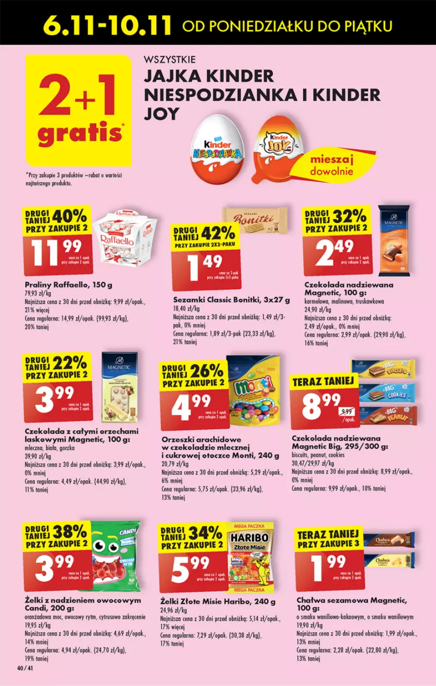 Gazetka promocyjna Biedronka - Od poniedzialku - ważna 06.11 do 11.11.2023 - strona 44 - produkty: Bonitki, Czekolada, Czekolada nadziewana, Fa, Haribo, Kinder, Orzeszki, Praliny, Raffaello, Sezam, Tera