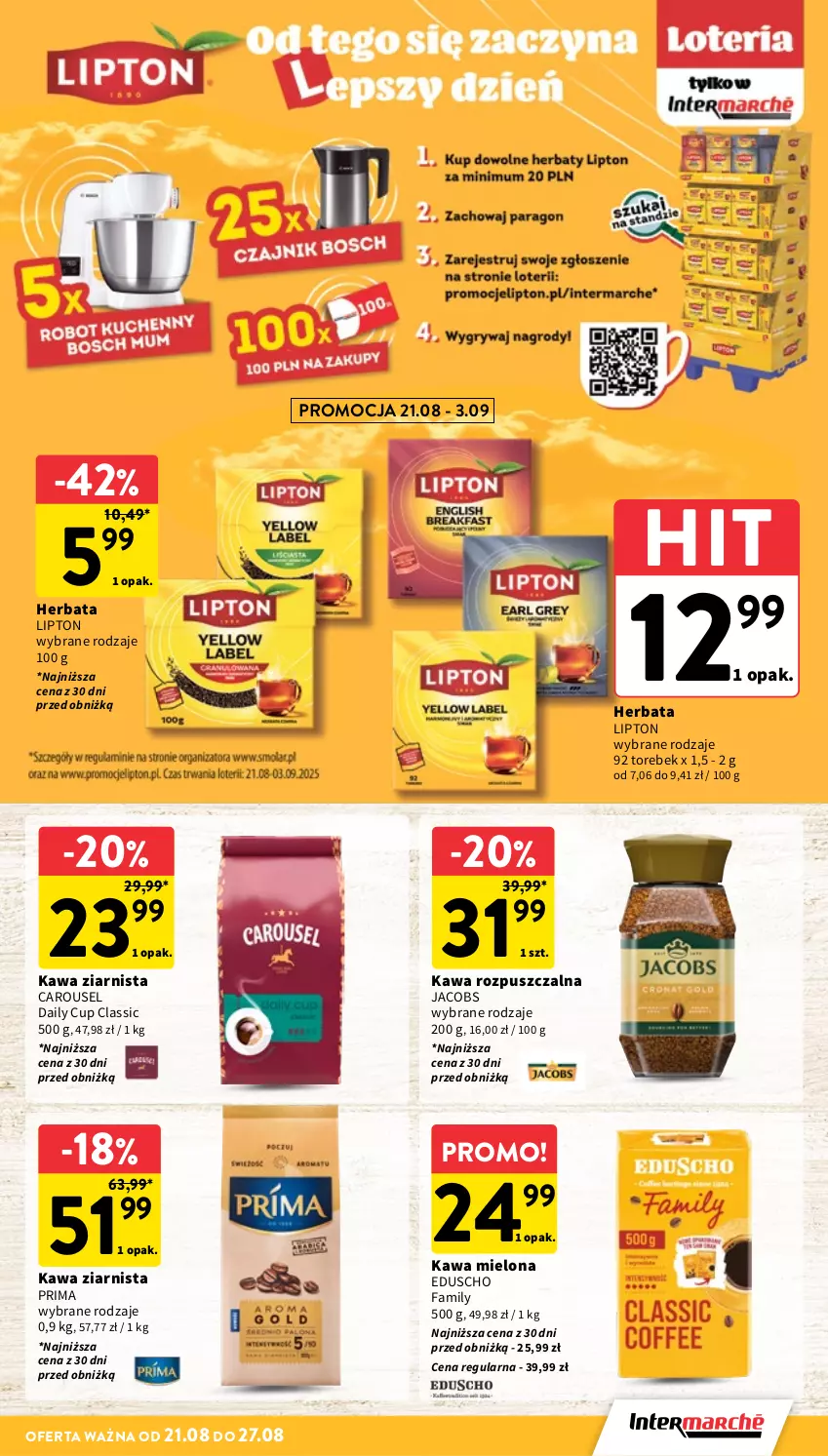 Gazetka promocyjna Intermarche - Gazetka promocyjna - ważna 21.08 do 27.08.2025 - strona 23 - produkty: Fa, Herbata, Jacobs, Kawa, Kawa mielona, Kawa rozpuszczalna, Kawa ziarnista, Lipton, Prima