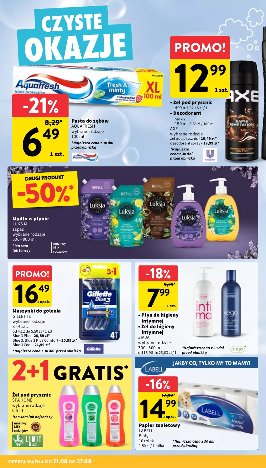 Gazetka promocyjna Intermarche - Gazetka promocyjna - ważna 21.08 do 27.08.2025 - strona 38 - produkty: Aquafresh, Bell, Dezodorant, Gillette, Gra, Luksja, Mydło, Mydło w płynie, Papier, Papier toaletowy, Pasta do zębów, Płyn do higieny intymnej, Ziaja